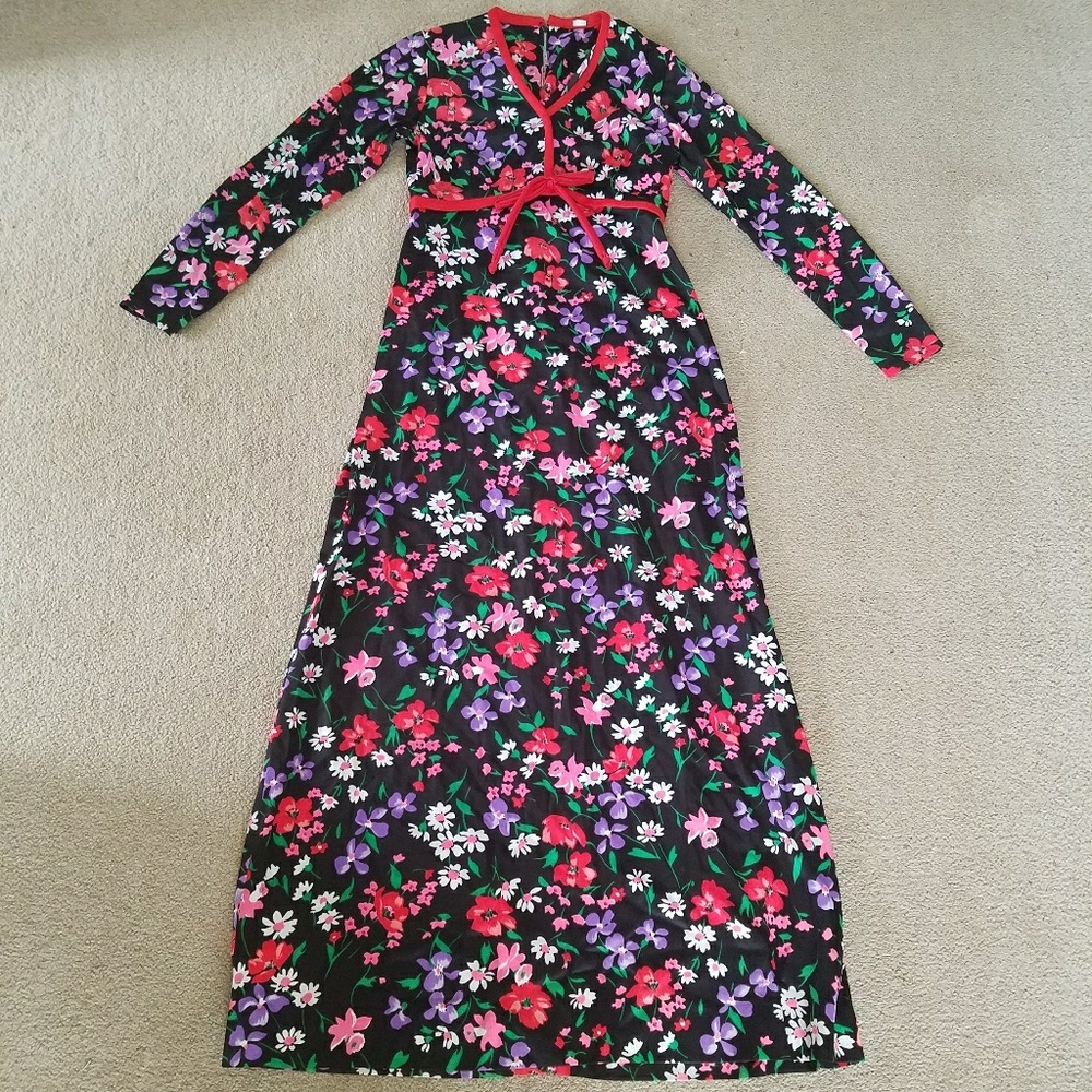 Vintage 60s 70s Black Floral Prom Maxi Dress Small